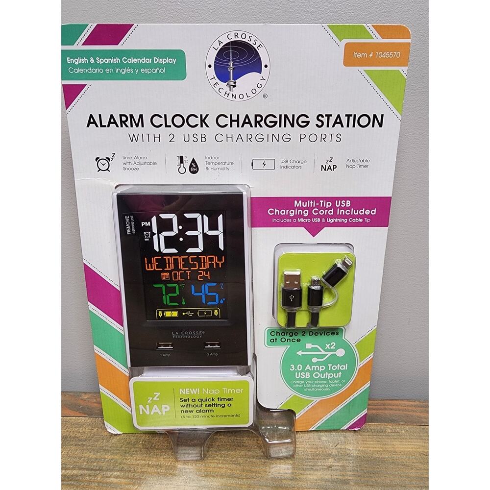 New! La Crosse Technology Alarm Clock Charging Station With 2 USB Charging Ports